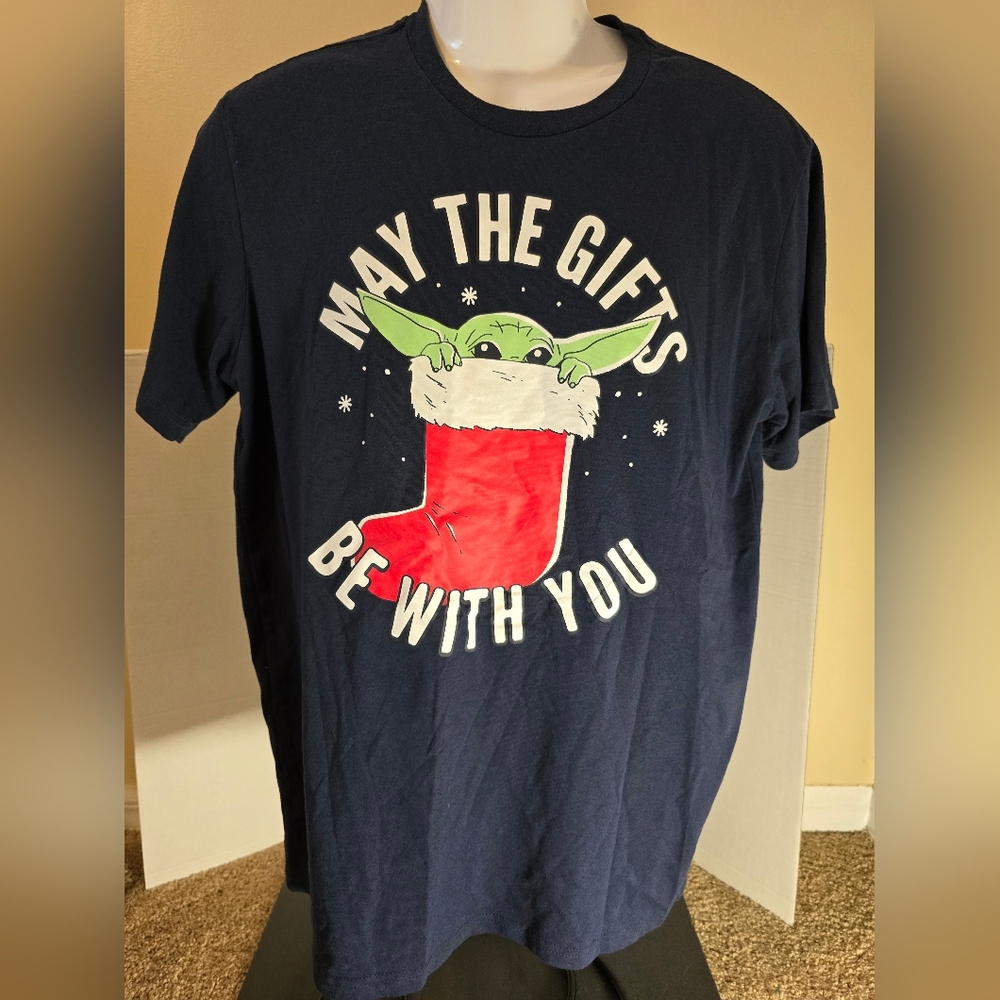 Star Wars T Shirt Mens Large Blue Baby Yoda Christmas May The Gifts Be With You